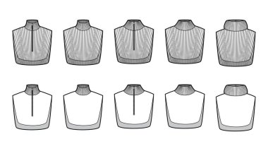 Ek-örgü yakalı fermuarlı sökülebilir aksesuarlar balıkçı yaka yakalı kazak teknik tasviri. Düz kazak, ön beyaz gri renk. Kadın erkek unisex CAD modeli