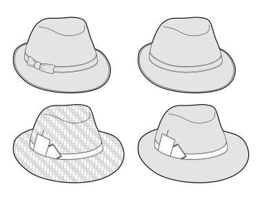 Bandanalı El Yapımı Hasır Fedora Şapka seti. Baş moda aksesuar giysi teknik illüstrasyon. Erkekler, kadınlar, unisex, düz şablon CAD taslak taslağı için vektör başlığı izole edilmiş