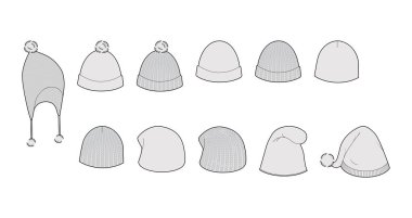 Örgü Şapkalar - Tam Phrygian Peru Pixie Bonnet Bobble Beanie Tığ Şapkası ve ponponu. Baş moda aksesuar teknik illüstrasyon. Erkekler için vektör başlığı, kadınlar için unisex tarzı, düz CAD
