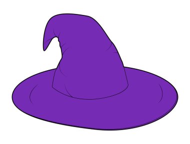 Mor Cadı Şapkalı Sihirli Şapka Moda Aksesuar Şapkası geniş kenarlı giysi tekniği çizimi. Erkekler, kadınlar için vektör başlığı, unisex tarzı, düz şablon CAD taslak taslağı izole edilmiş