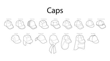 İsimli Cap Hat seti - Kamyoncu Beyzbol Hip-Hop Outdoor, Kaykay Sahra Koruyucu Fırtınalı Kromer, Uyumlu Askeri Kamp Beş Paneli. Moda aksesuarı teknik illüstrasyon. Vektör düzlüğü CAD