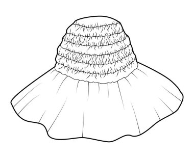 Kova Şapka Yaz Başı Moda Aksesuar şapkası ve geniş kenarlı disket giysi teknik illüstrasyonuyla bir araya geldi. Erkekler, kadınlar, unisex, düz şablon CAD taslak taslağı için vektör başlığı izole edilmiş