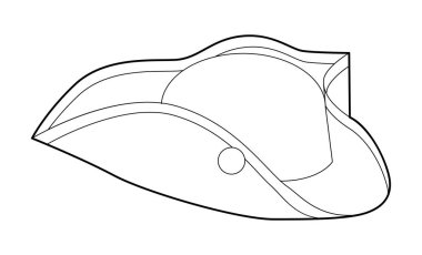 Tricorne Şapkası. Geniş kenarlı kıyafet teknikleri olan baş moda aksesuar şapkası. Erkekler, kadınlar için vektör başlığı, unisex tarzı, düz şablon CAD taslak taslağı izole edilmiş