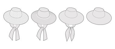 Set of Wide-brim sunhats - Floppy, Packable Self-Tie Hats. Summer Head Fashion accessory cap clothing technical illustration. Vector headgear for Men, women, unisex style, flat template CAD mockup clipart