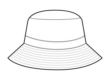 Bucket Hat yan görüntüsü. Summer Head Moda Aksesuarları Teknik Resim. Erkekler, kadınlar için vektör başlığı, unisex tarzı, düz şablon CAD taslak taslağı izole edilmiş