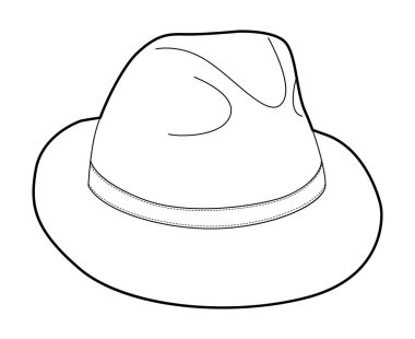 Bandoyla Panama Hat. Dar kenarlı kıyafet teknikleri olan baş moda aksesuar şapkası. Erkekler, kadınlar için vektör başlığı, unisex tarzı, düz şablon CAD taslak taslağı izole edilmiş