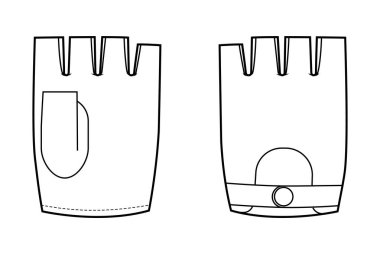 Parmaksız Eldiven Mitaine Kısa Boylu Moda El Aksesuarları Teknik Çizim Elbisesi. Erkek, kadın, unisex tarzı düz şablon CAD taslak taslağı için vektör ön avuç arkası görünümü