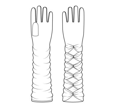 Uzun Kol Eldivenleri Üç Çeyrek Boyunda Moda El Aksesuarları Teknik İllüstrasyon Elbisesi. Erkekler için vektör ön avuç arkası görünümü, kadın tarzı düz şablon CAD taslak taslağı