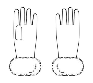 Kürk Eldiveni Bilekliği. Moda el aksesuarları. Teknik illüstrasyon elbisesi. Erkekler için vektör ön avuç arkası görünümü, beyaz arkaplan üzerinde kadın tarzı düz şablon CAD modeli çizimi