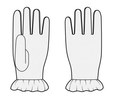 Dantelli Eldiven Bilek Uzunluğu Moda El Aksesuarları Teknik İllüstrasyon Elbisesi. Beyaz arkaplanda erkek, kadın ve kadın için vektör ön görünümü, unisex tarzı düz şablon CAD taslak çizimi