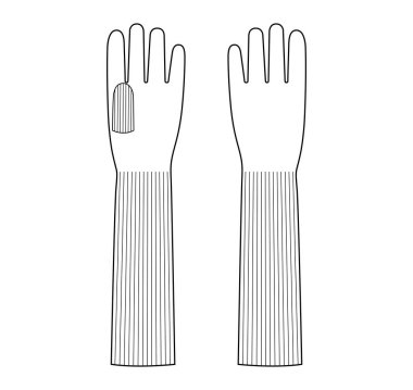 Örgü yün eldivenler dirsek uzunluğunda moda el aksesuarları teknik illüstrasyon giysisi. Erkekler için vektör ön avuç arkası görünümü unisex style düz şablon CAD taslak beyaz arka plan