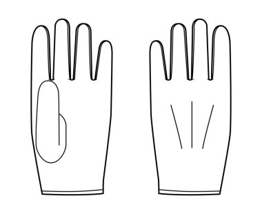 Bilek Uzunluğu Eldivenleri Moda Aksesuar Kıyafet Teknik İmaj Elbisesi. Erkek, kadın, unisex tarzı düz şablon CAD taslak taslağı için ön avuç içi görünümü