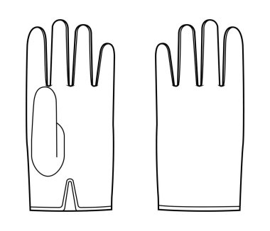 Bilek Uzunluğu Eldivenleri Moda Aksesuar Kıyafet Teknik İmaj Elbisesi. Erkek, kadın, unisex tarzı düz şablon CAD taslak taslağı için ön avuç içi görünümü
