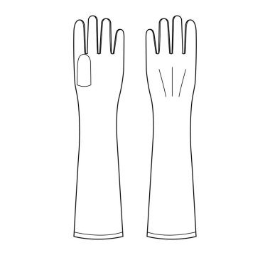 Uzun Eldiven Moda Aksesuarları Teknik Resim Kıyafeti. Erkek, kadın, unisex tarzı düz şablon CAD taslak taslağı için ön avuç içi görünümü