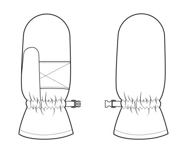 Snowboard Eldiveni Eldivenleri Moda el aksesuarları Teknik İmaj Elbisesi. Erkek kadınlar için vektör ön avuç arkası görünümü, unisex tarzı düz şablon beyaz arkaplan üzerindeki CAD model ana hatları