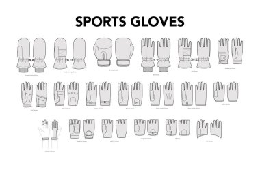 İsimli spor eldivenleri seti el aksesuarları teknik illüstrasyon kıyafetleri. Erkekler, kadınlar, unisex düz şablon CAD çizgi film biçimi beyaz arkaplanda izole
