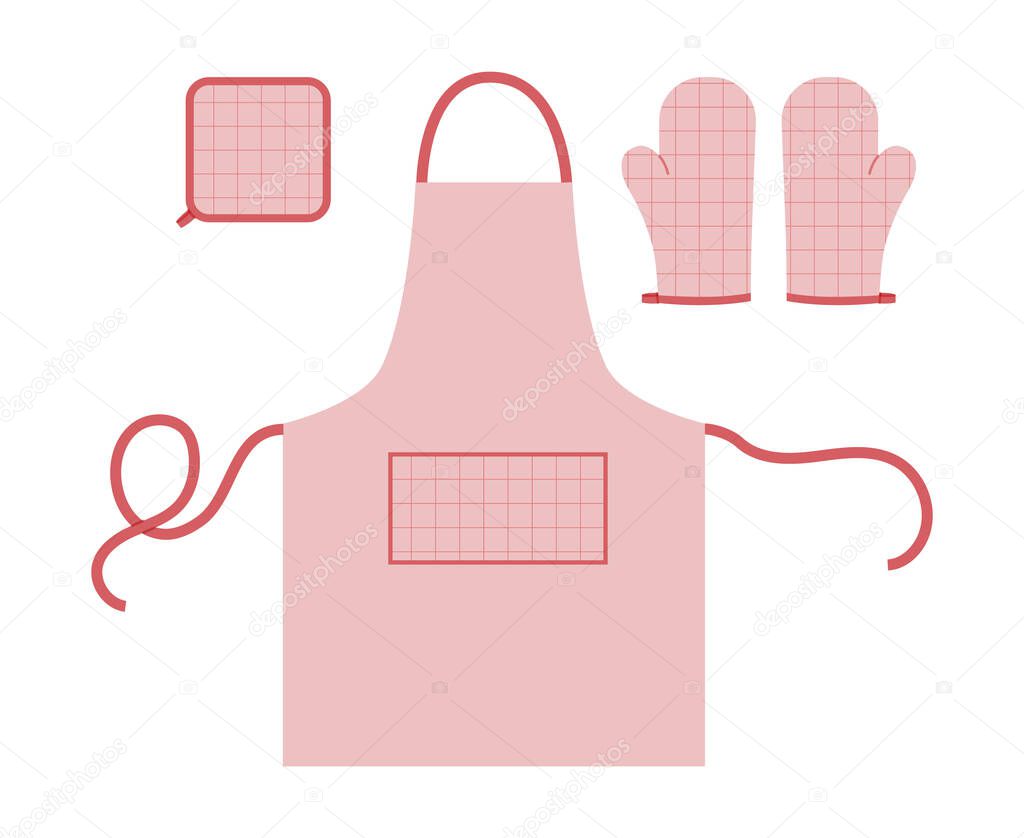 Set of Aprons, Oven Gloves and potholder Fashion pink cartoon windowpane tartan check pattern hand accessory clothing technical illustration garment. Vector for Men, women, unisex style flat template