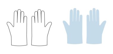 Poly, CPE, TPE koruyucu el aksesuarları mavi çizgi film ve düz model taslak giysiler teknik illüstrasyon elbisesi. Erkek, kadın ve unisex tarzı şablon şablonu için vektör ön avuç içi görünümü