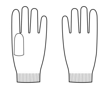 Örgü yün eldivenler kısa mesafe moda el aksesuarları teknik illüstrasyon giysisi. Erkek kadınlar için vektör ön avuç arkası görünümü, unisex tarzı düz şablon CAD taslak taslağı