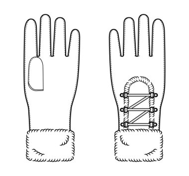 Igloo Kürk Eldivenleri Bilek uzunluğunda moda el aksesuarları teknik illüstrasyon elbisesi. Erkekler, kadınlar, unisex tarzı düz şablon CAD taslak taslağı için vektör ön avuç arkası görünümü