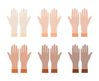 Farklı milletlere ait lastik eldivenler. Aksesuar, teknik çizim giysileri. Erkek, kadın ve unisex düz şablon maket stili için vektör avuç içi arka görünümü