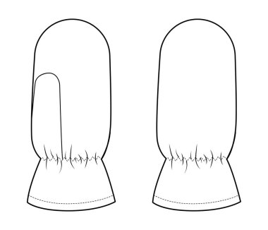 Igloo Eldivenleri Tek Parmaklı Pile Mitten Moda el aksesuarları teknik illüstrasyon elbisesi. Erkek, kadın, unisex tarzı düz şablon CAD taslak taslağı için vektör ön avuç arkası görünümü