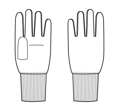 Eldivenler, uzun bilekler, kaburga manşetleri, moda el aksesuarları, teknik illüstrasyon giysileri. Erkek kadınlar için vektör ön avuç arkası görünümü, unisex tarzı düz şablon CAD taslak taslağı