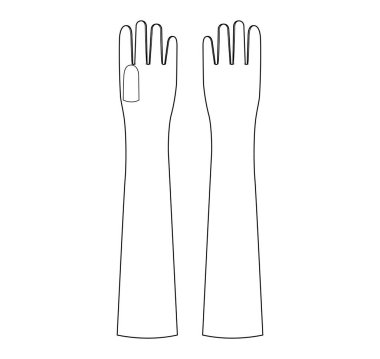 Opera Eldiveni Dirsek uzunluğunda bot tipi moda el aksesuarları teknik illüstrasyon giysisi. Erkek, kadın, unisex tarzı düz şablon CAD taslak taslağı için vektör ön avuç arkası görünümü