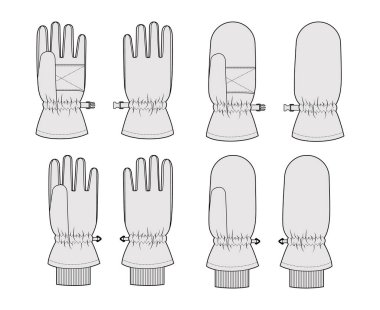 Kayak Eldiveni İgosu ve Mittens İzole Edilmiş Çekirdek Moda El Aksesuarları Teknik Resim Elbisesi. Erkekler, kadınlar, unisex tarzı düz şablon CAD taslak taslağı beyaz üzerine ana hatları