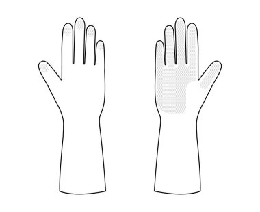 Prezervatif temizleme koruyucu eldivenler, el aksesuarları teknik illüstrasyon giysileri. Erkekler için bulaşık yıkama vektörü ön avucu arka görünümü, kadın tarzı düz şablon CAD modeli beyaz üzerinde izole