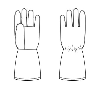 Kaynak Eldiveni İş Eldiveni Aksesuar Teknik Resim Giysisi. Erkek, kadın, unisex tarzı düz şablon CAD taslak taslağı için ön avuç içi görünümü