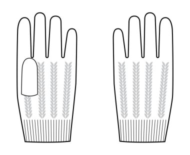 Örgü yün eldivenler kısa mesafe moda el aksesuarları teknik illüstrasyon giysisi. Erkek kadınlar için vektör ön avuç arkası görünümü, unisex tarzı düz şablon CAD taslak taslağı
