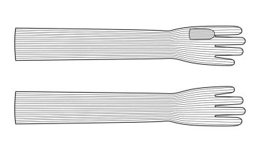 Örgü yün eldivenler dirsek uzunluğunda moda el aksesuarları teknik illüstrasyon giysisi. Erkekler için vektör ön avuç arkası görünümü unisex style düz şablon CAD taslak beyaz arka plan