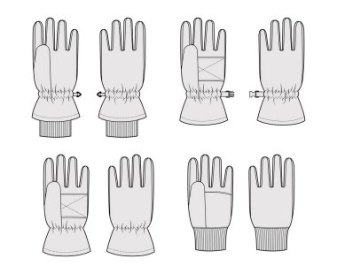 Kayak Eldiveni İgosu Yalıtılmış Çekirdek Moda El Aksesuarları Teknik İllüstrasyon Elbisesi. Erkekler, kadınlar, unisex tarzı düz şablon CAD taslak ana hatları beyaz arkaplan üzerinde