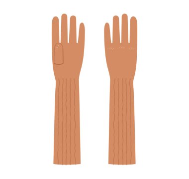 Örgü yün eldivenler dirsek uzunluğunda sepia çizgi film moda el aksesuarları teknik illüstrasyon elbisesi. Erkekler için vektör ön avuç arkası görünümü kadınlar unisex tarzı düz şablon beyaz arkaplan CAD