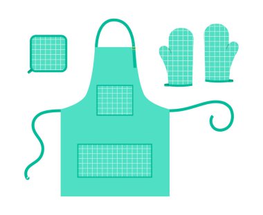 Önlük seti, fırın eldiveni ve nane aromalı nane aromalı karikatür, katran desenli tartan el aksesuarları teknik illüstrasyon elbisesi. Erkekler, kadınlar, unisex tarzı düz şablon