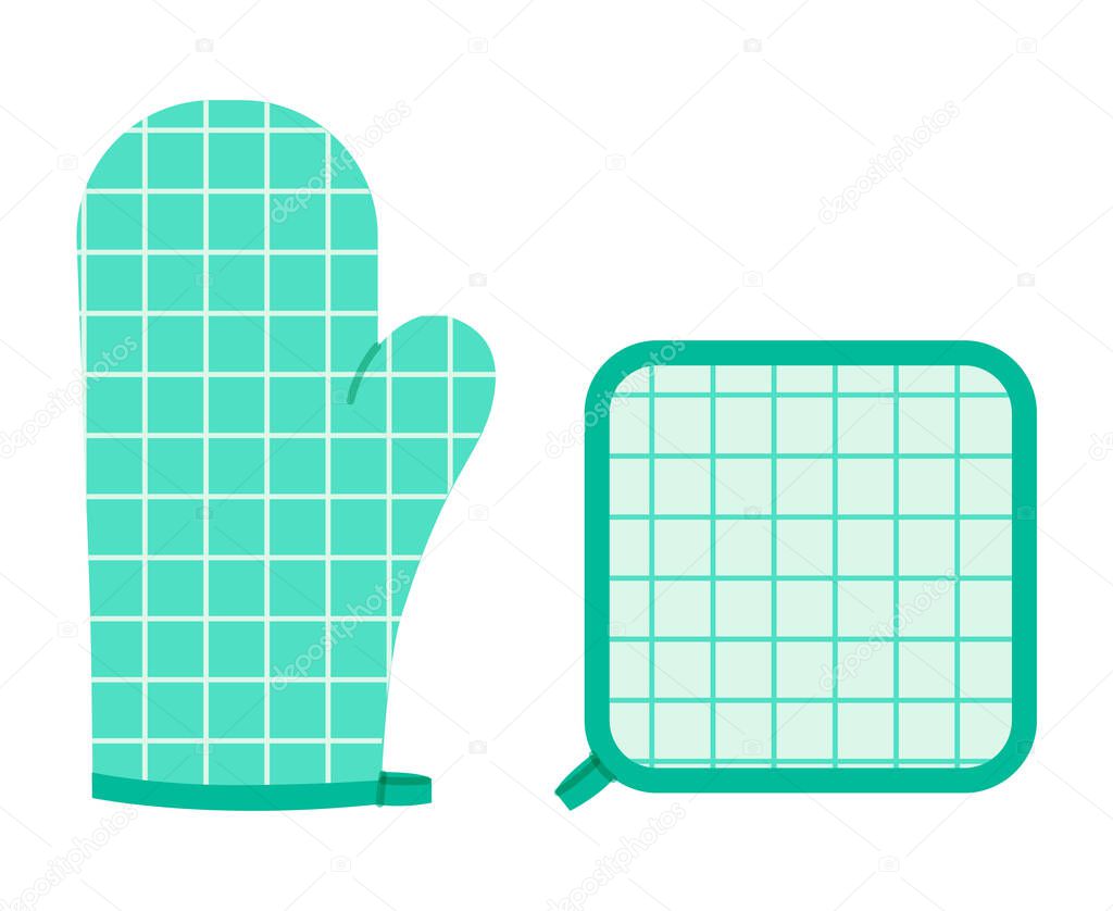Oven Gloves Mitt and potholder Fashion mint cartoon windowpane tartan check pattern hand accessory clothing technical illustration garment. Vector style flat template CAD mockup on white background
