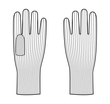 Örgü yün eldivenler bilek uzunluğunda moda el aksesuarları teknik illüstrasyon giysisi. Erkekler için vektör ön avuç arkası görünümü unisex style düz şablon CAD taslak beyaz arka plan