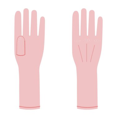 Eldivenli pembe çizgi film moda el aksesuarları teknik illüstrasyon giysisi. Beyaz arkaplanda erkek, kadın, unisex tarzı düz şablon CAD modeli çizimi için vektör ön avuç arkası görünümü