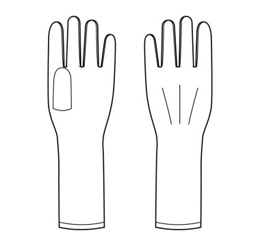 Çaktırmadan giyilen eldivenler, el aksesuarları, teknik çizimler. Erkek, kadın, unisex tarzı düz şablon CAD taslak taslağı için ön avuç içi görünümü