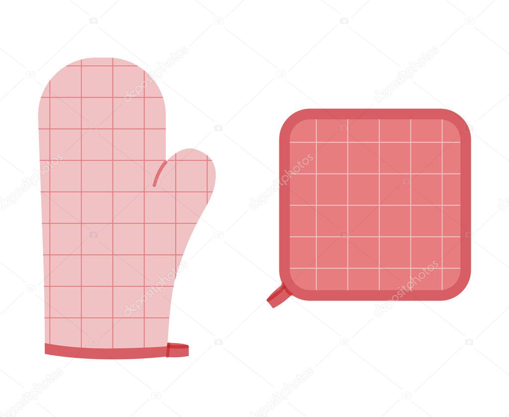 Oven Gloves Mitt and potholder Fashion pink cartoon windowpane tartan check pattern hand accessory clothing technical illustration garment. Vector for Men women style flat template on white background