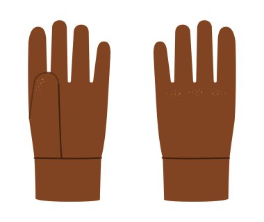 Örtü eldivenleri kahverengi çizgi film Fashion el aksesuarları teknik illüstrasyon giysisi. Beyaz arkaplanda erkek, kadın, unisex tarzı düz şablon CAD modeli çizimi için vektör ön avuç arkası görünümü