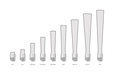 Örülmüş Uzunluk Çizelgesi diyagramı. Üzerinde isim metni, kısa bilek moda el aksesuarı, teknik illüstrasyon giysisi var. Erkekler için vektör unisex tarzı düz model taslak