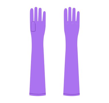 Uzun eldivenler mor çizgi film moda el aksesuarları teknik illüstrasyon giysileri. Beyaz arkaplanda erkek, kadın, unisex tarzı düz şablon CAD modeli çizimi için vektör ön avuç arkası görünümü