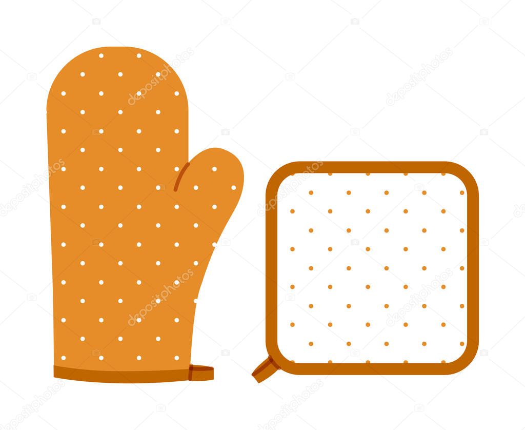 Oven Gloves Mitt and potholder cartoon sepia polka dot pattern Fashion hand accessory clothing technical illustration garment. Vector style flat template CAD mockup sketch outline on white background