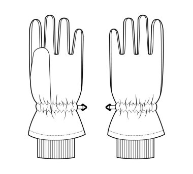 Örgü manşetli kayak eldivenleri, yalıtılmış çekirdek moda el aksesuarları, teknik çizim giysileri. Erkekler, kadınlar, unisex tarzı düz şablon CAD ana hatları beyaz arkaplan üzerinde