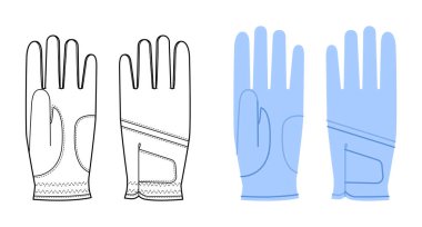 Golf Eldiveni mavi karikatür ve düz model taslak moda el aksesuarları teknik illüstrasyon giysisi. Erkek kadınlar için vektör ön avuç arkası görünümü, unisex tarzı şablon beyaz arka planda CAD