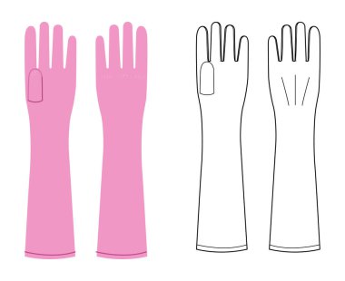 Uzun eldivenli pembe çizgi film. Çizim çizimi, taslak, moda el aksesuarları, teknik çizimler. Erkekler için vektör ön avuç arkası görünümü, kadınlar beyaz arkaplan üzerinde CAD modelleme şablonu