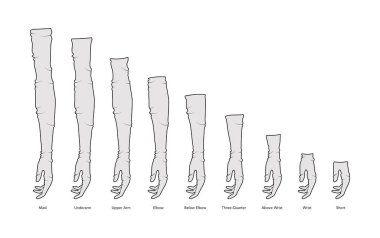 Bir dizi Gevşek Eldiven Uzunluk Çizelgesi diyagramı ve isim karikatürü Dirsek Kısa Bilek Moda el aksesuarları teknik illüstrasyon giysisi. Erkekler için kadın tarzı düz şablon CAD çizimi taşıyıcı