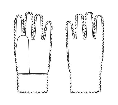 Yumuşak Eldivenler Moda Aksesuar Kıyafet Teknik Çizim Elbisesi. Erkek, kadın, unisex tarzı düz şablon CAD taslak taslağı için ön avuç içi görünümü